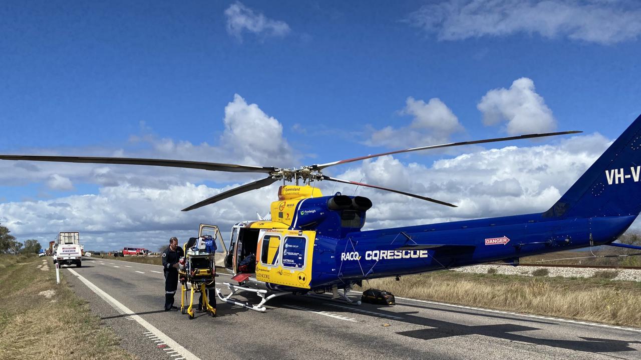 The RACQ CQ rescue helicopter joined the massive response to the crash of a bus and caravan near Gumlu. Picture: RACQ Rescue