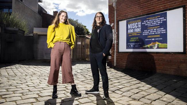 Newly appointed Mushroom Group chief executive Matt Gudinski (right) with Melbourne singer-songwriter Mia Wray, who is among the performers at Music From the Home Front 2021. Picture: Aaron Francis