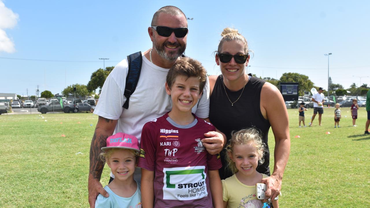 Wayne, Tiffany, Brax, Hayden and Taylah Pringle at the Play Something Unreal rugby league clinic in Kawana. Picture: Sam Turner