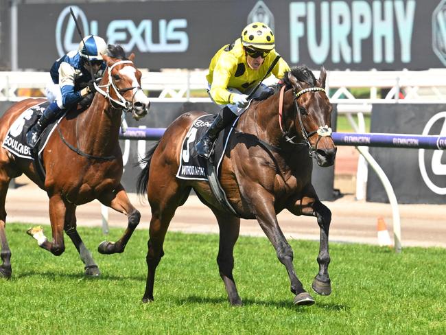 MELBOURNE, AUSTRALIA - NOVEMBER 07: Mark Zahra riding Without A Fight winning Race 7, the Lexus Melbourne Cup,  during Melbourne Cup Day at Flemington Racecourse on November 07, 2023 in Melbourne, Australia. (Photo by Vince Caligiuri/Getty Images)