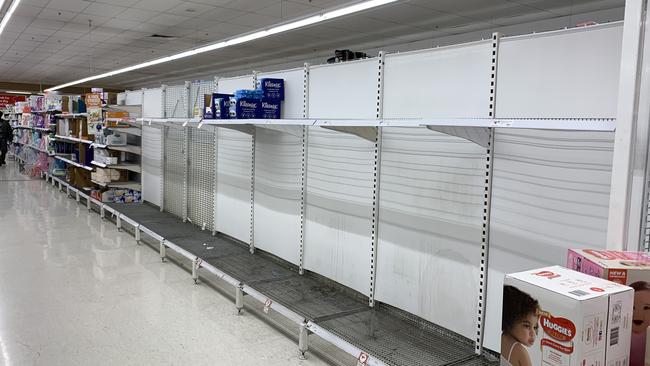 The empty toilet paper aisle at Coles in Findon. Picture: Matt Loxton