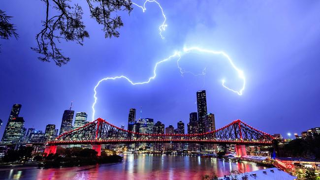 Lightning from the thunder storms pictured passing over the Story Bridge in Brisbane, 28 October, 2020. Picture: Josh Woning