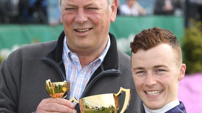 Mike Moroney and jockey Patrick Maloney were delighted after Vengeur Masque showed his staying talent in the Geelong Cup. Picture: Mike Dugdale