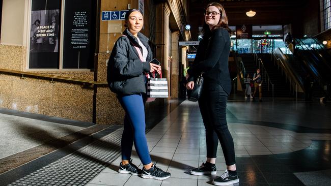 Daphne Whitlum from Hallett Cove and Crystal Verrall from Morphett Vale at the Adelaide Railway station. Picture: The Advertiser/ Morgan Sette