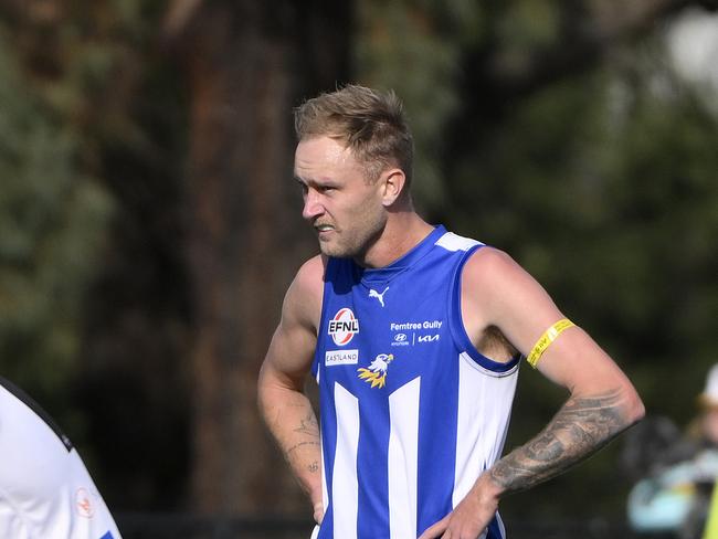 Ex AFL Collingwood and North Melbourne player Jaidyn Stephenson playing for Ferntree Gully. Picture: Andrew Batsch