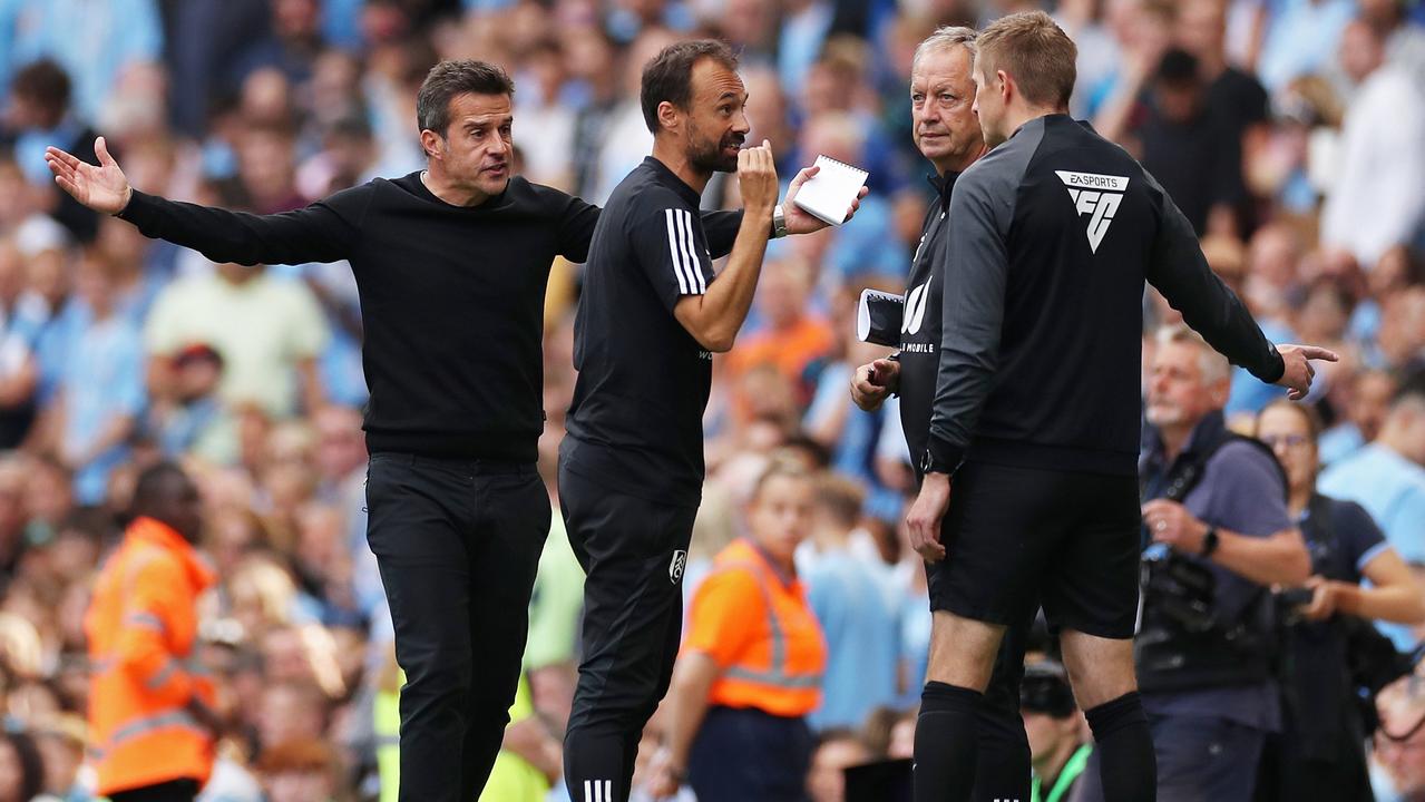 Fulham boss Marco Silva was furious after an offside was not given for Manchester City’s second goal. (Photo by Lewis Storey/Getty Images)