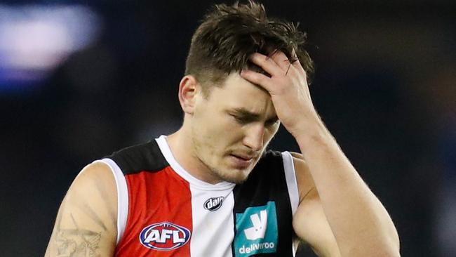 MELBOURNE, AUSTRALIA - MAY 22: Josh Battle of the Saints looks dejected after a loss during the 2021 AFL Round 10 match between the Western Bulldogs and the St Kilda Saints at Marvel Stadium on May 22, 2021 in Melbourne, Australia. (Photo by Michael Willson/AFL Photos via Getty Images)