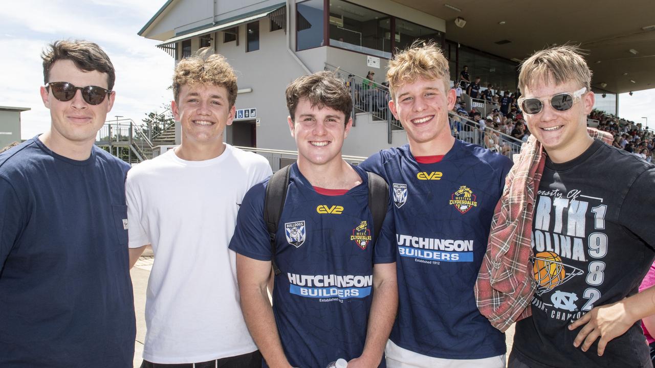 (from left) Larz Garvey, Ronan Delaney, Jake Durie, Jett Day and Judd Rei. Western Clydesdales vs Canterbury-Bankstown Bulldogs rugby league trial.Saturday, February 4, 2023. Picture: Nev Madsen.