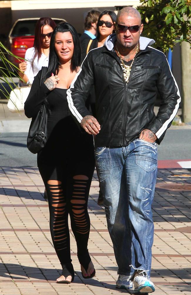 Allaina in 2013 with her previous bikie beau, once Australia’s most feared bikie and Bandido enforcer, John Fahey. Picture: Kit De Guymer