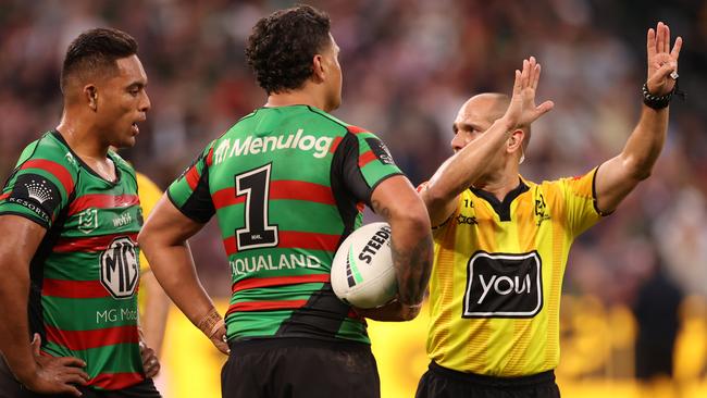 Ashley Klein gives Tevita Tatola his marching orders. Picture: Mark Kolbe/Getty Images