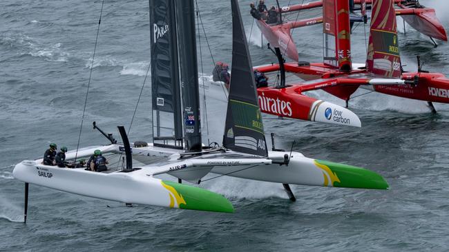 The Australia SailGP Team and Emirates Great Britain team in close combat.