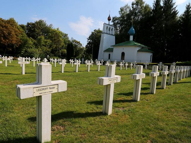 East to West ... Saint-Hilaire-le-Grand military cemetery near Reims, final resting place of over 1000 Russian soldiers out of 4000 who died as part of the Russian Expeditionary Force in France. Picture: AFP