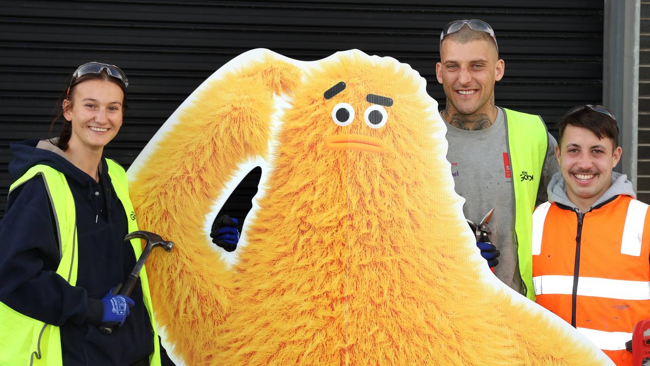 Gordon TAFE plumbing apprentices Bronte Tipping, Dylan Blizzard and Zachary Caserta and the new Worksafe mascot ‘Umm’. Picture: Alison Wynd,