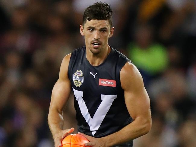 MELBOURNE, AUSTRALIA - FEBRUARY 28: Scott Pendlebury of Victoria in action during the 2020 State of Origin for Bushfire Relief match between Victoria and the All Stars at Marvel Stadium on February 28, 2020 in Melbourne, Australia. (Photo by Michael Willson/AFL Photos via Getty Images)