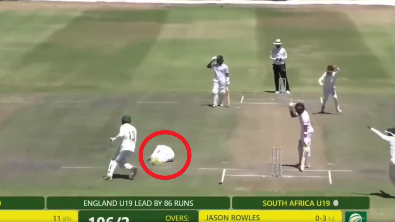 One of the most unlucky run-outs ever occurred in the first unofficial Test between England U19 and South Africa U19. Image: X