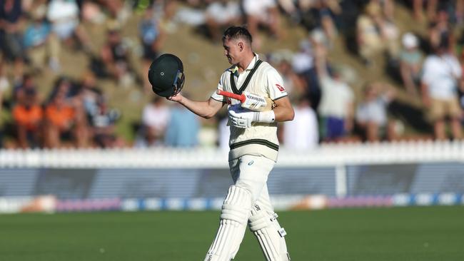 Marnus Labuschagne walks off after being strangled down the leg side in Wellington on Friday. Picture: Hagen Hopkins/Getty Images.