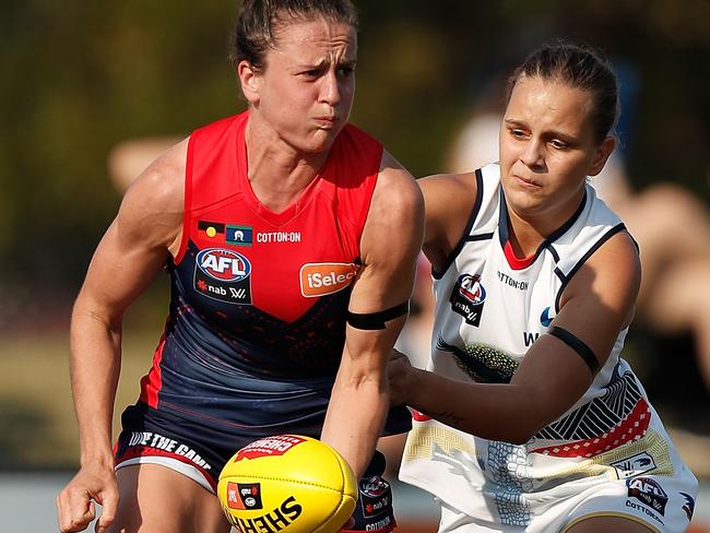 MELBOURNE, AUSTRALIA - MARCH 16: Harriet Cordner of the Demons and Danielle Ponter of the Crows in action during the 2019 NAB AFLW Round 07 match between the Melbourne Demons and the Adelaide Crows at Casey Fields on March 16, 2019 in Melbourne, Australia. (Photo by Michael Willson/AFL Media)