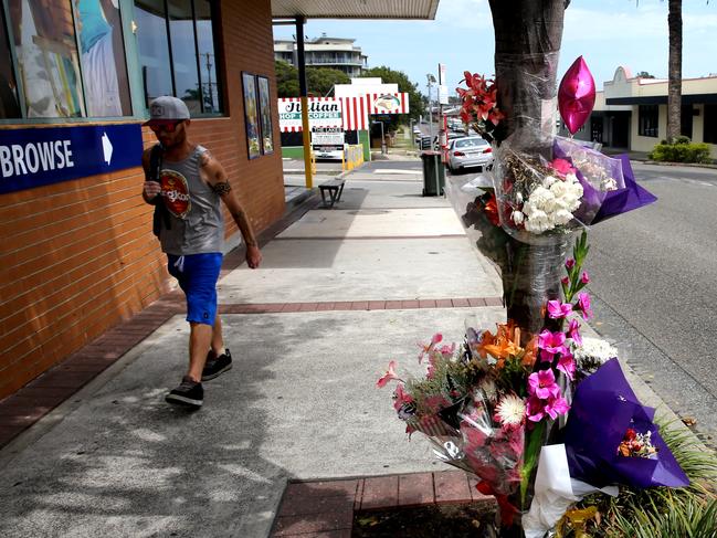 Flowers left at the scene where Haydn Butcher was punched by George Habkouk and died outside the Lakes Hotel at The Entrance. Photo: John Grainger