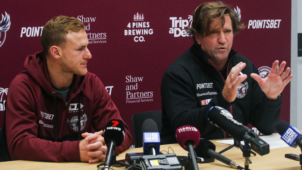 Hasler (with Manly captain Daly Cherry-Evans) apologised to the seven players who sat out for the club’s “poor management” of the Pride jersey scandal. Picture: NCA Newswire/Gaye Gerard