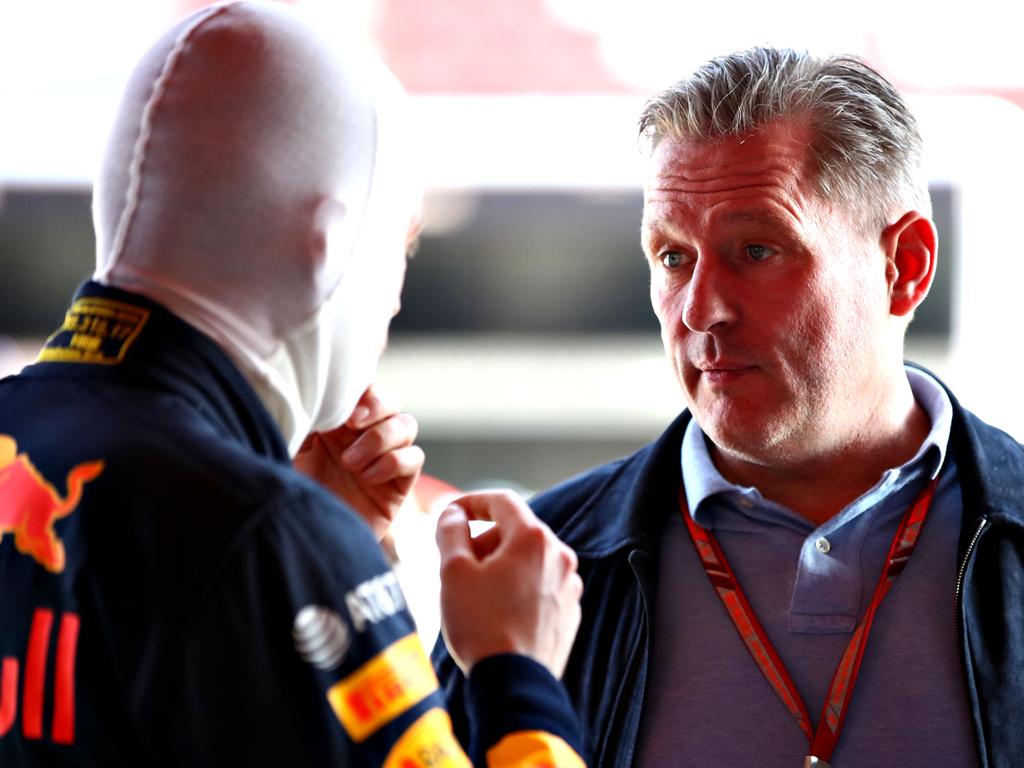 Max Verstappen talks with his father Jos in the garage during F1 Winter Testing at Circuit de Catalunya in February 2019. Picture: Mark Thompson/Getty Images