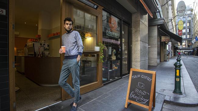 Sam Hall-Haydon is the owner of Tulip Coffee in Degraves Lane in Melbourne’s CBD. He's seen his takings plummet 95 percent during the COVID-19 lockdown. Picture: Aaron Francis/The Australian