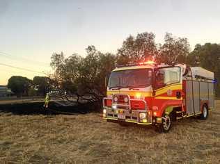 Fire fighters on the scene of a small bush blaze on Wyndham St, Roma. Picture: Alexia Austin