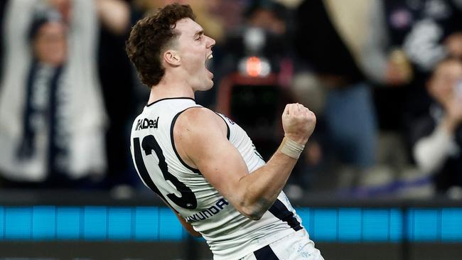 MELBOURNE, AUSTRALIA - SEPTEMBER 15: Blake Acres of the Blues celebrates a goal during the 2023 AFL First Semi Final match between the Melbourne Demons and the Carlton Blues at Melbourne Cricket Ground on September 15, 2023 in Melbourne, Australia. (Photo by Michael Willson/AFL Photos via Getty Images)