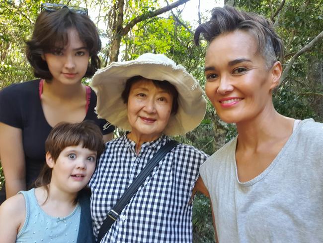 Radio personality and mother of four Yumi Stynes with mother Yoshiko Stynes and daughters Dee Dee, 17, and Mercy, 7.