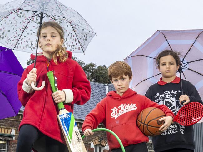 Kids from St Kilda Primary School Calls for Indoor Hall art there is nowhere to play on wet days. Mae 8, Markus 11, Stella 10,  Walter 7 and Ava 9Picture by Wayne Taylor 25th July 2024