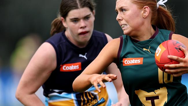 MELBOURNE, AUSTRALIA - APRIL 08: Meg Harrison of Tasmania in action during the round four Coates Talent League Girls match between Bendigo Pioneers and Tasmania Devils at Arden Street Ground on April 08, 2023 in Melbourne, Australia. (Photo by Jonathan DiMaggio/AFL Photos/via Getty Images)