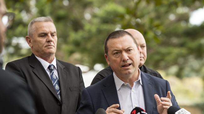 Stewart Little, Public Service Association General Secretary pictured speaking to the media behind NSW state parliament House. Picture: NewsWire / Monique Harmer