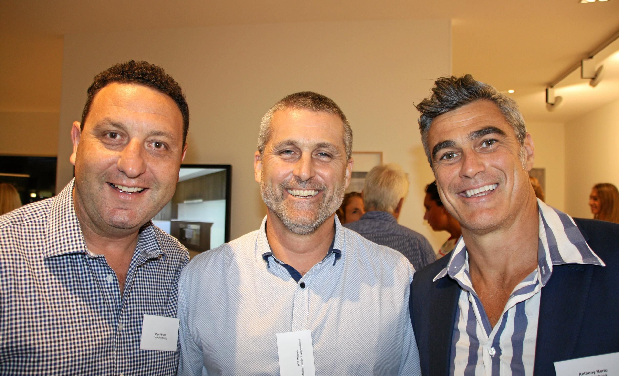 Peppi Bueti, Will Wilson and Anthony Merlo at the opening of Mosaic Property Group's new Sunshine Coast office at Duporth Avenue, Maroochydore. Picture: Erle Levey