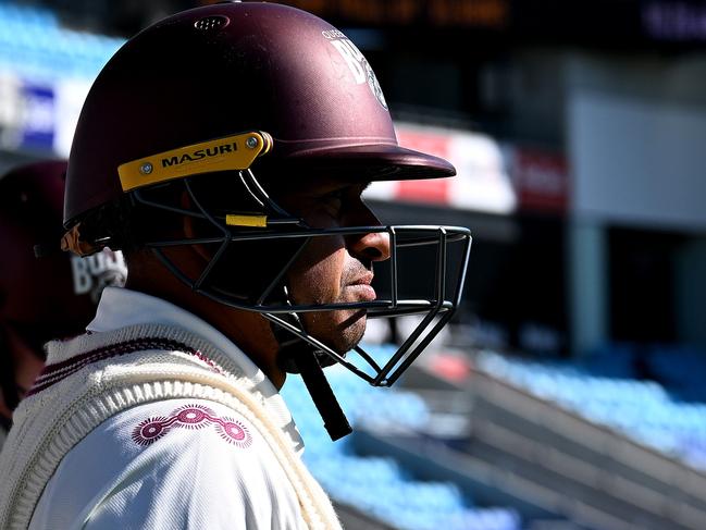 HOBART, AUSTRALIA - MARCH 09: Usman Khawaja of Queensland prepares to take the field during the Sheffield Shield match between Tasmania and Queensland at Blundstone Arena, on March 09, 2025, in Hobart, Australia. (Photo by Steve Bell/Getty Images)