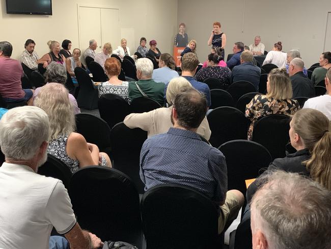 The gathering at the public meeting held at the Rocky Sports Club in Rockhampton in October 2019 about Family Law with One Nation Senator Pauline Hanson listening to people's experiences.