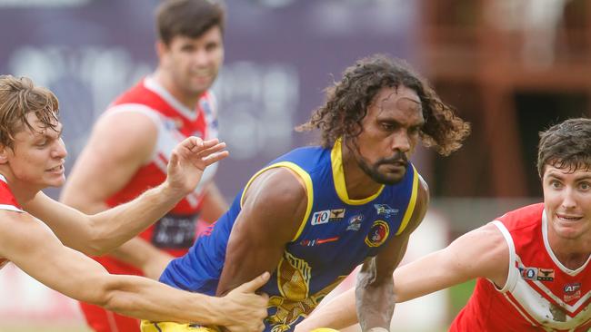 Liam Patrick is surrounded by Waratah opponents in a Premier League clash. Picture: Glenn Campbell