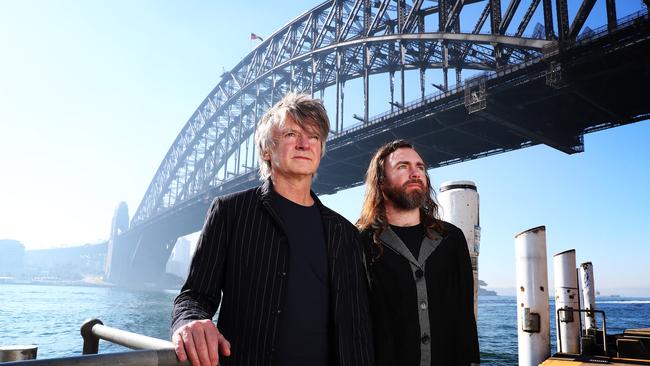 Neil and Liam Finn in Sydney before the upcoming release of their first father-son album next week. Picture: John Feder