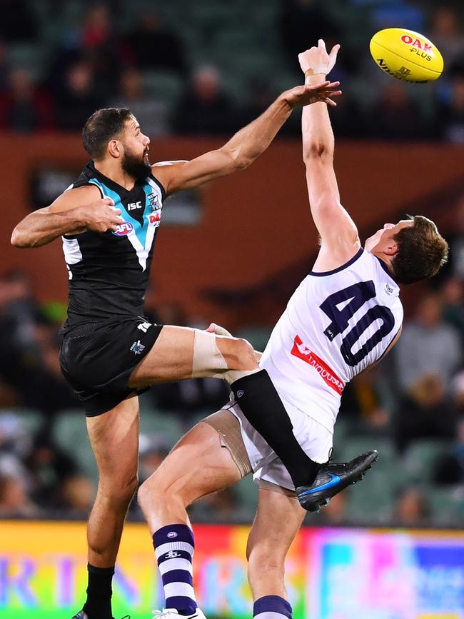 Paddy Ryder in what was his last game for Port Adelaide against Fremantle on Sunday. Picture: Mark Brake/Getty Images