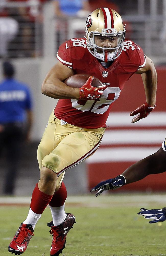 Former San Francisco 49ers running back Jarryd Hayne (38) runs against the San Diego Chargers during the second half of an NFL preseason football game in 2016. Picture: AP