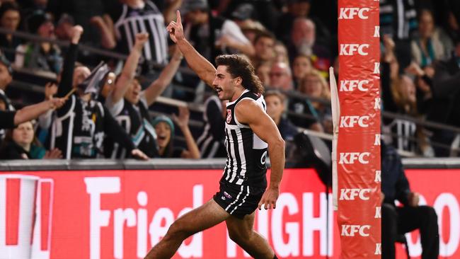 Lachie Jones of Port Adelaide celebrates a goal during the April 1 Showdown between Port Adelaide and Adelaide at Adelaide Oval. (Photo by Mark Brake/Getty Images)