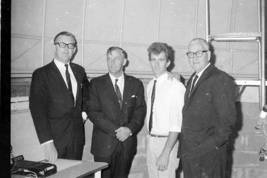 Paul Neville, Queensland Premier Joh Bjelke-Petersen, Bundaberg Astronomical Society president Mac Jonsen and 4BU radio announcer and Bundaberg Astronomical Society vice-president Bert Lister at the observatory in 1969. Picture: Contributed by Mac Jonsen