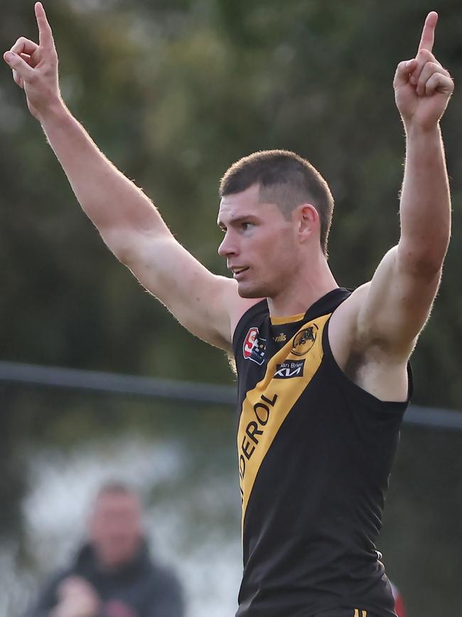 Glenelg’s Matthew Allen celebrates a goal against North Adelaide at Prospect Oval on Sunday. Picture: David Mariuz/SANFL