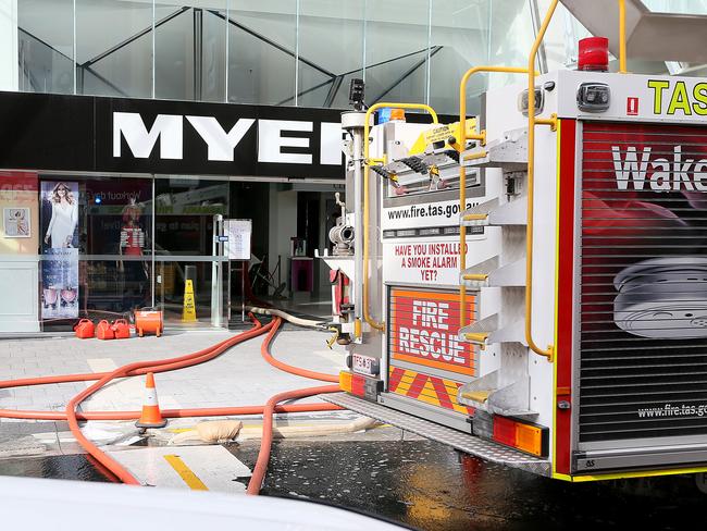 Water being pumped from the Myer store in Liverpool St after the collapse of the Hobart Rivulet tunnel. Picture: SAM ROSEWARNE