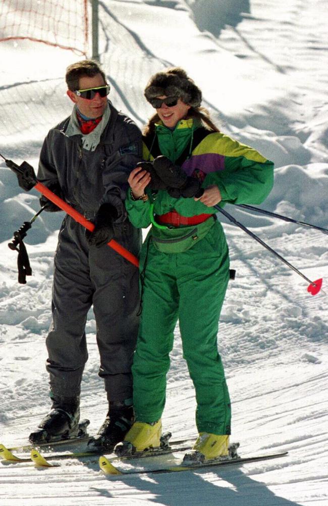 On one such skiing trip, Prince Charles and Tiggy were seen carrying matching heart-shaped ski poles. Picture: The Sun/Harry Page