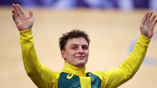 PARIS, FRANCE - AUGUST 11: Silver medalist Matthew Richardson poses on the podium after the Men's Keirin, Final on day sixteen of the Olympic Games Paris 2024 at Saint-Quentin-en-Yvelines Velodrome on August 11, 2024 in Paris, France. (Photo by Jared C. Tilton/Getty Images)