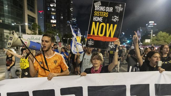 Protesters march during a demonstration calling for a hostages deal and against the Israeli Prime Minister Benjamin Netanyahu and his government. Picture: AFP