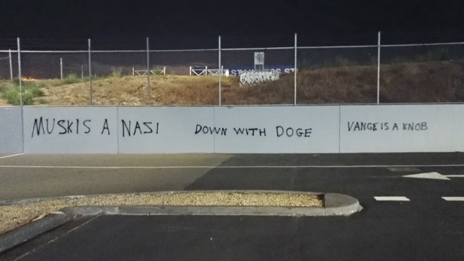 Anti-Elon Musk graffiti at the Tesla Hobart dealership. Picture: Supplied