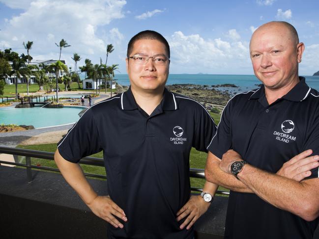 Daydream Island General Manager Dawson Tang, with consultant and former owner Scott Wilkinson. Picture: Lachie Millard