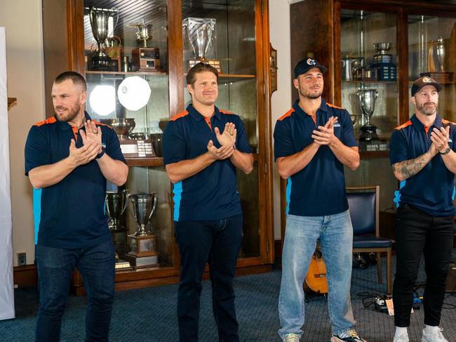 The San Francisco Unicorns Australian contingent; Aaron Finch, Shane Watson (coach), Marcus Stoinis and Matthew Wade. Picture: Twitter