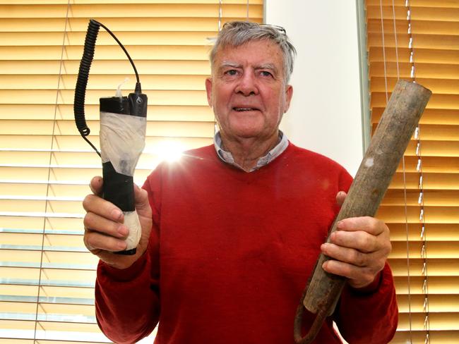 Angry bomber ... Bill Heffernan brought the fake pipe bomb and explosives out again for a photo opportunity upon his retirement from the Senate in 2016.