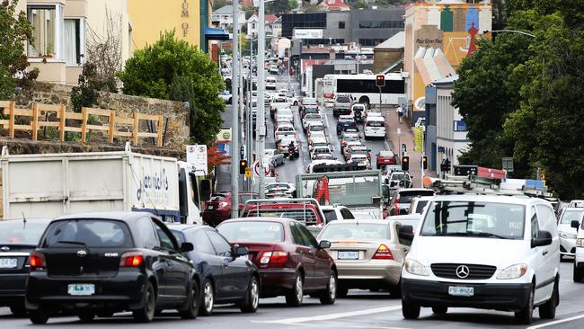 Traffic along Sandy Bay Road up to Harrington Street. Picture: Zak Simmonds